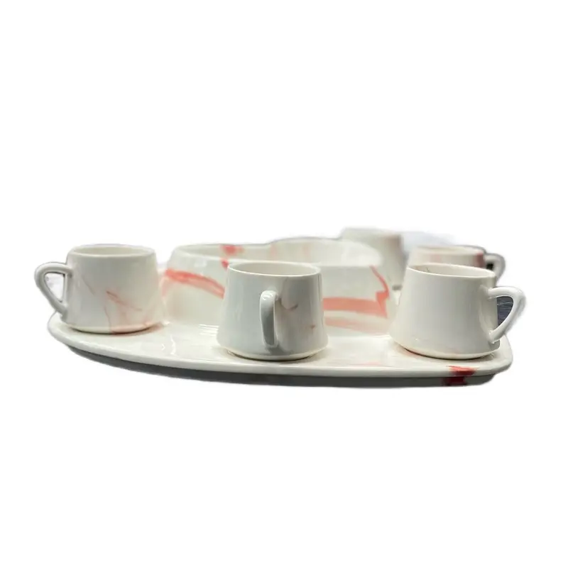 6PCS Ceramic Red Marble Effect Coffee Set 5