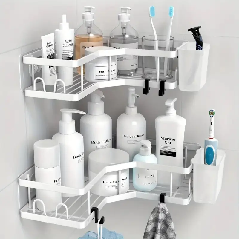 Dual Pack No-Drill Corner Shower Caddy - Rust-Free, Adhesive Mount Storage for Bathroom Bliss! 2