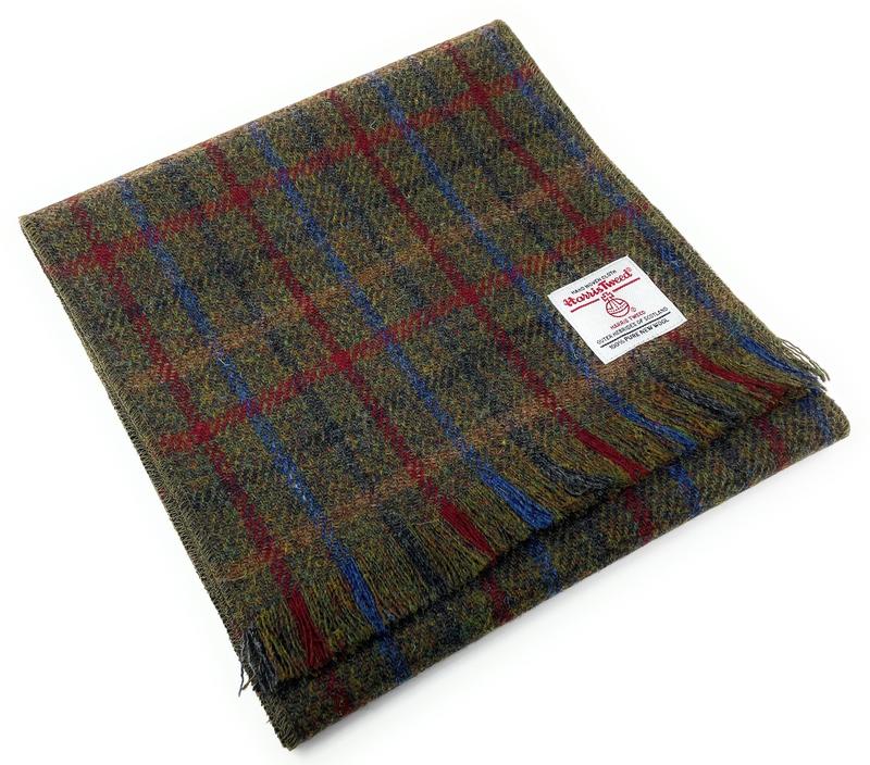 Harris Tweed Scarf in Green Tartan - Handmade Pure Wool, Fringed, Unisex 0