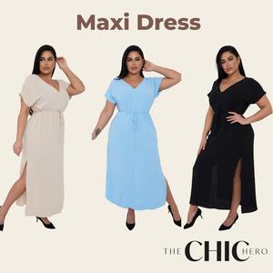 ChicHero Casual V Neck Batwing Sleeve Tie Waist Maxi Basic Comfortable Dress