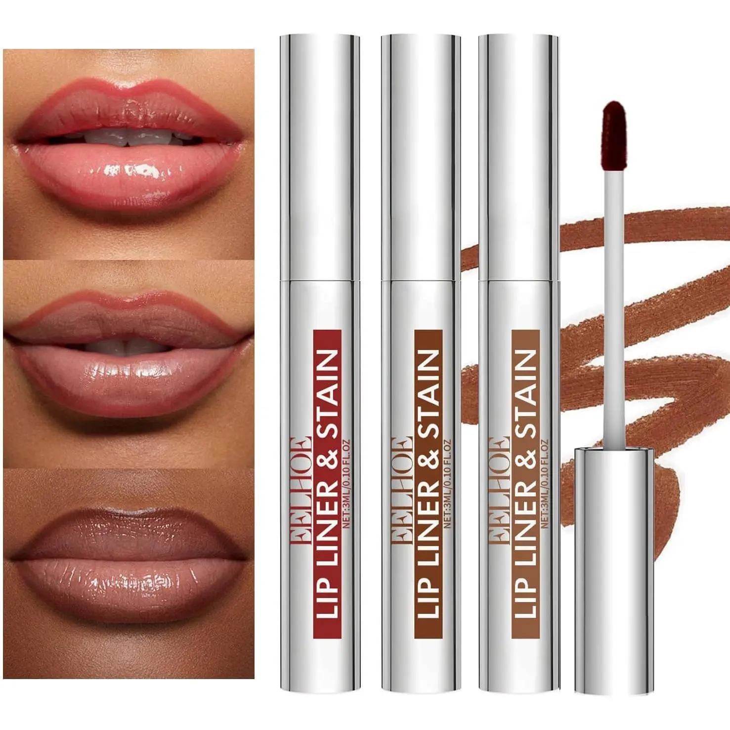 Peel Off Lip Liner Stain Set, 3PCS Long Lasting Tattoo Lip Liner, Waterproof Lip Stain Peel Off with Matte Finish, Highly Pigmented Lip Tint Stain