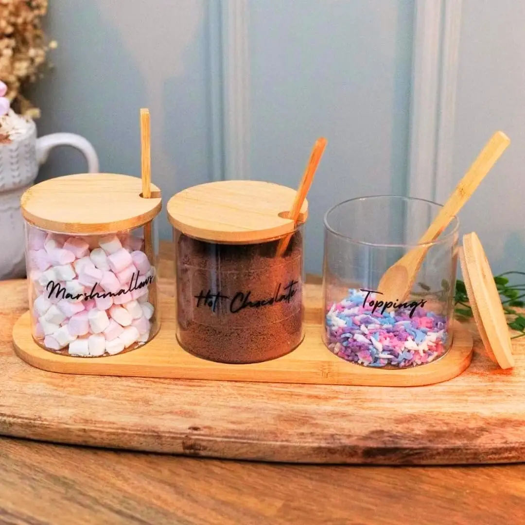 Hot Chocolate Station Set of 3 Glass Jars and Stickers Customise Tea & Coffee Station Storage Cocoa Kitchen Spoon Set Hot Chocolate Stirrers Glass Storage Jars Chocolate Drink Maker Bottles Organiser