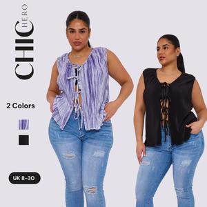 2025 Chichero Womenswear Printed Pleated Tie Front Sleeveless Adjustable Top Casual Boho Clothing Everyday Fitted Medium Style Summer