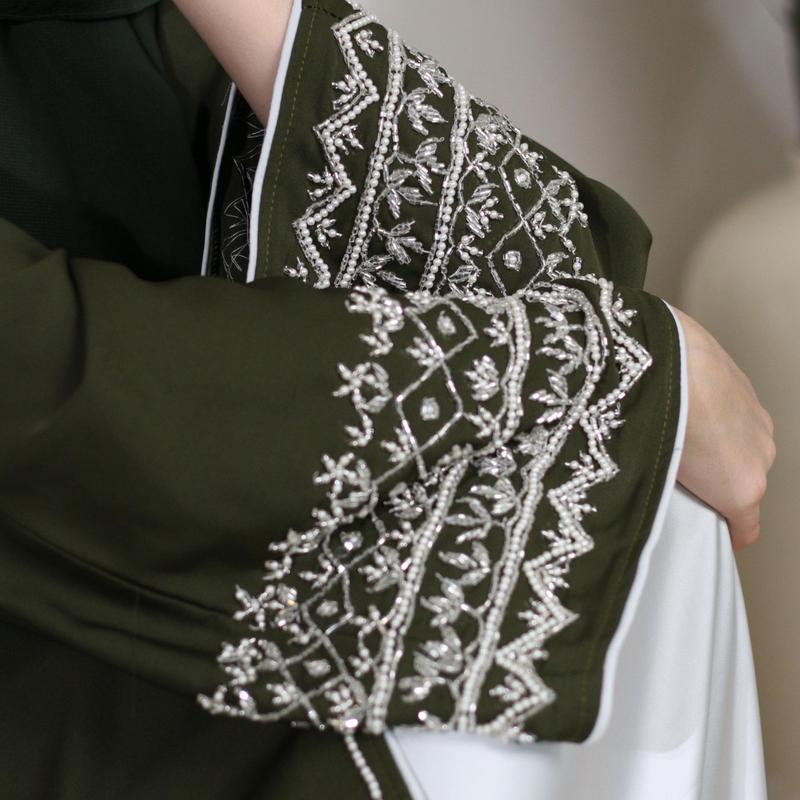 Amira Abaya - MAYLEES Detailed Sleeve Embellished Full-Length Women's 3-Piece Button-up Set Sizes 50-60 plain muslim party essential handmade soft fabric eid outfits glam regular sleeve casual traditional minimalist hijabis crew neck luxury 5