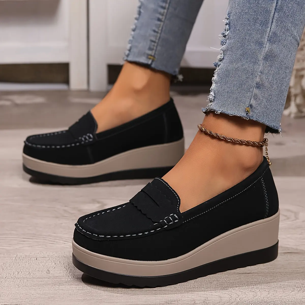 Black Faux Comfortable Wedge Loafers - Slip-On Women's Shoes with Thick Sole for Height Boost, Non-Slip, All-Season Casual Stitched Detail