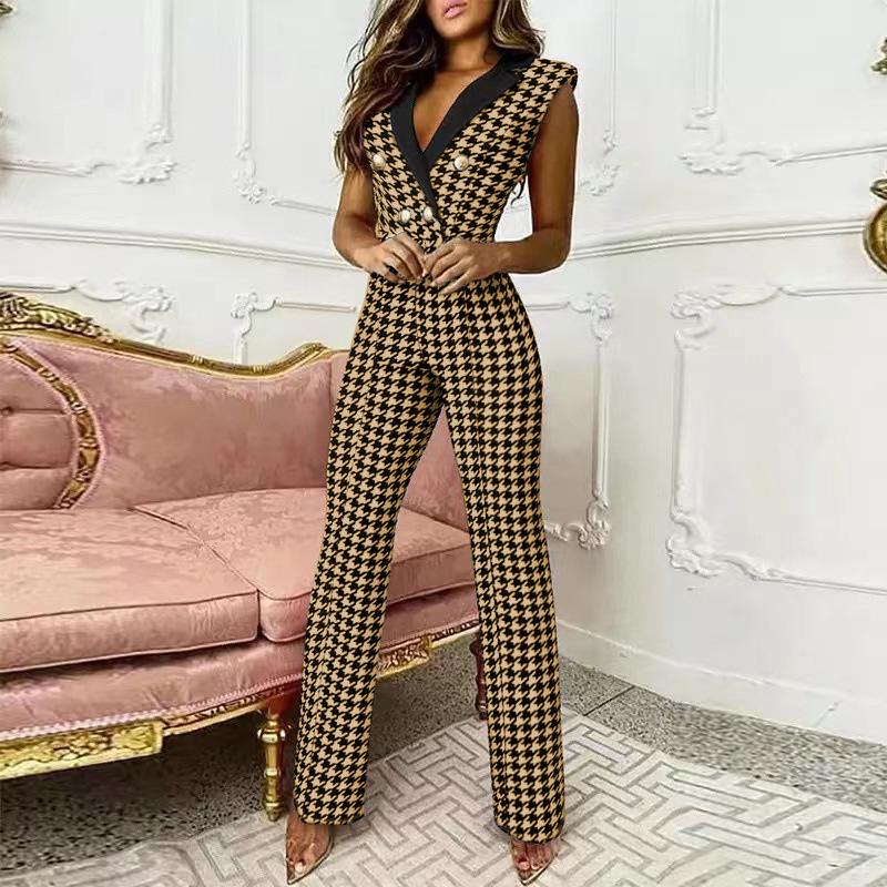 2024 New Elegant Women Plaid Jumpsuit Onepieces Y2K Chic Office Lady Summer Sleeveless V Neck High Waist Button Romper Overalls 1