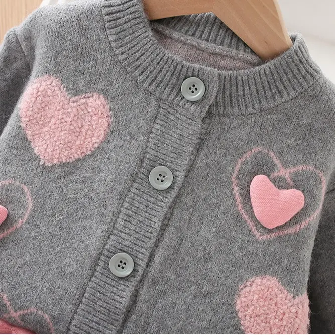 Little Girls Grey Cardigan with Pink Heart Embroidery and Tutu Skirt Set 2pcs for toddler multicoloured plain beautiful kids coord overalls girl h and m knit cute matching pink plain 2 2