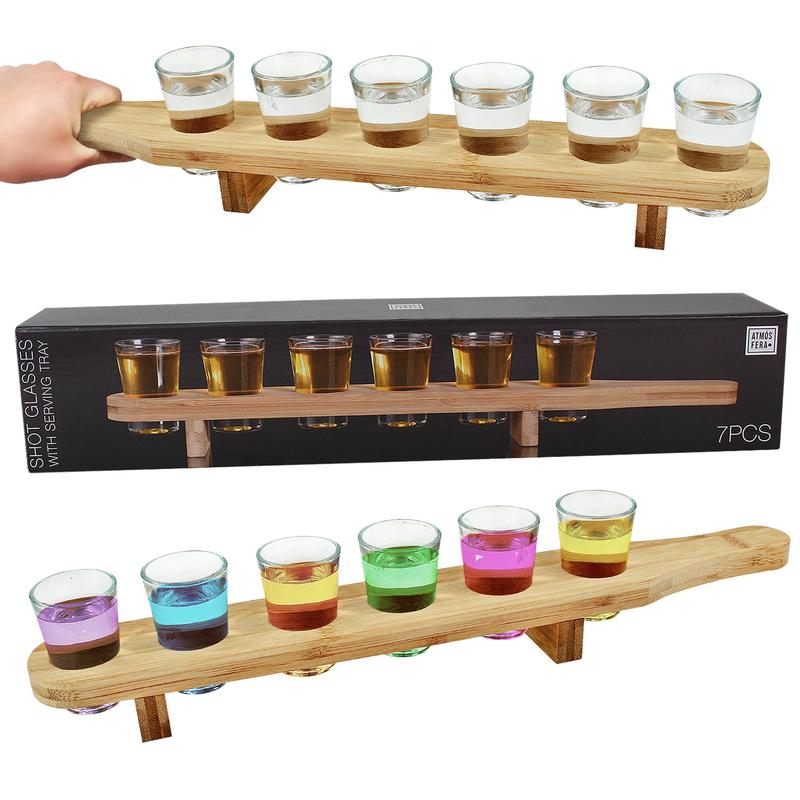 Wooden Drinks Paddle Tray with 6 Shot Glasses, Set of 6 x 40ml Shot Glasses with Serving Tray, Barware, Home Bar, Bar, Shot Glass Serving Board, Drinks Serving Board, Stylish Utensils 1
