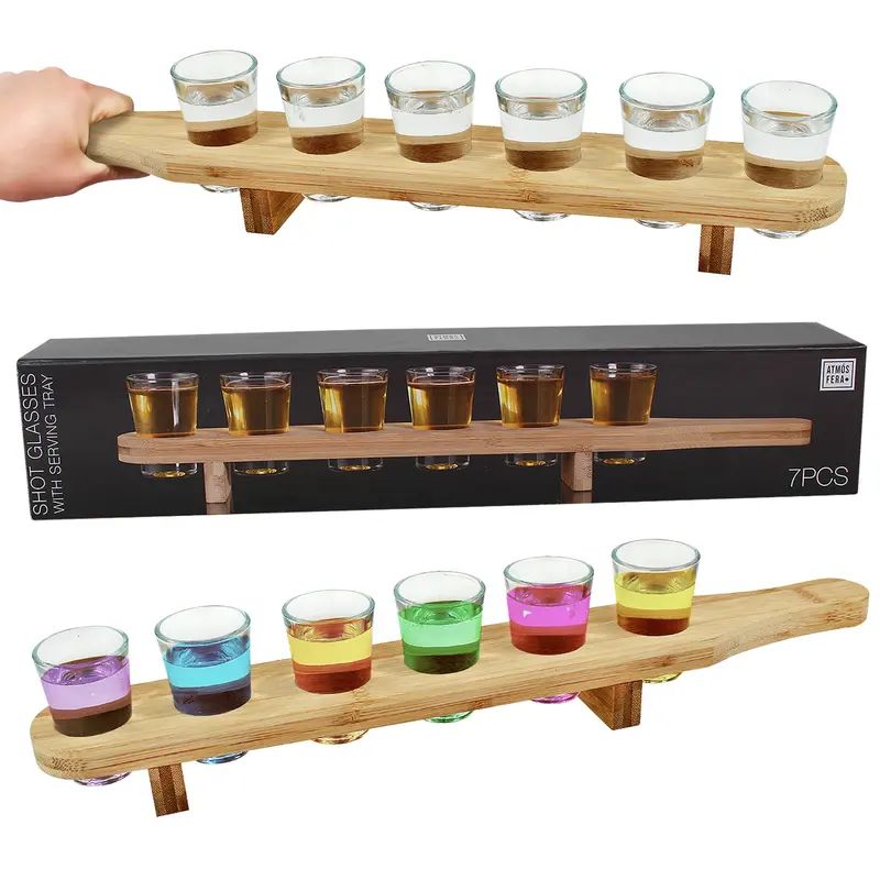 Wooden Drinks Paddle Tray with 6 Shot Glasses, Set of 6 x 40ml Shot Glasses with Serving Tray, Barware, Home Bar, Bar, Shot Glass Serving Board, Drinks Serving Board, Stylish Utensils 1