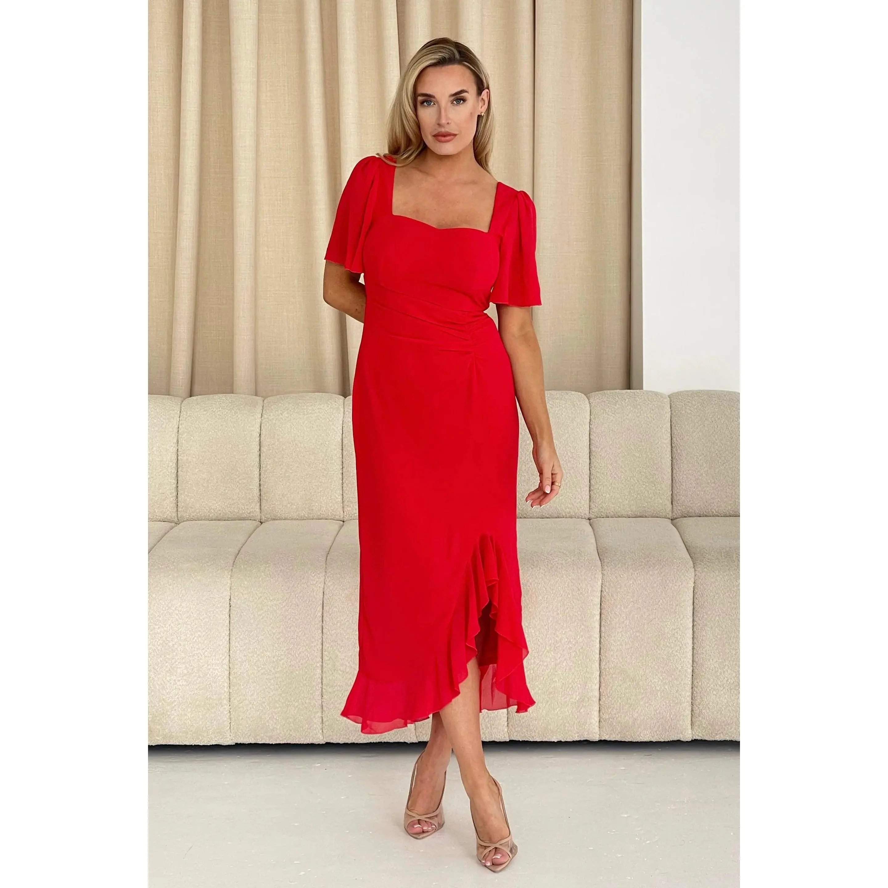 Heidi Red Ruched Short Sleeve Midi Dress