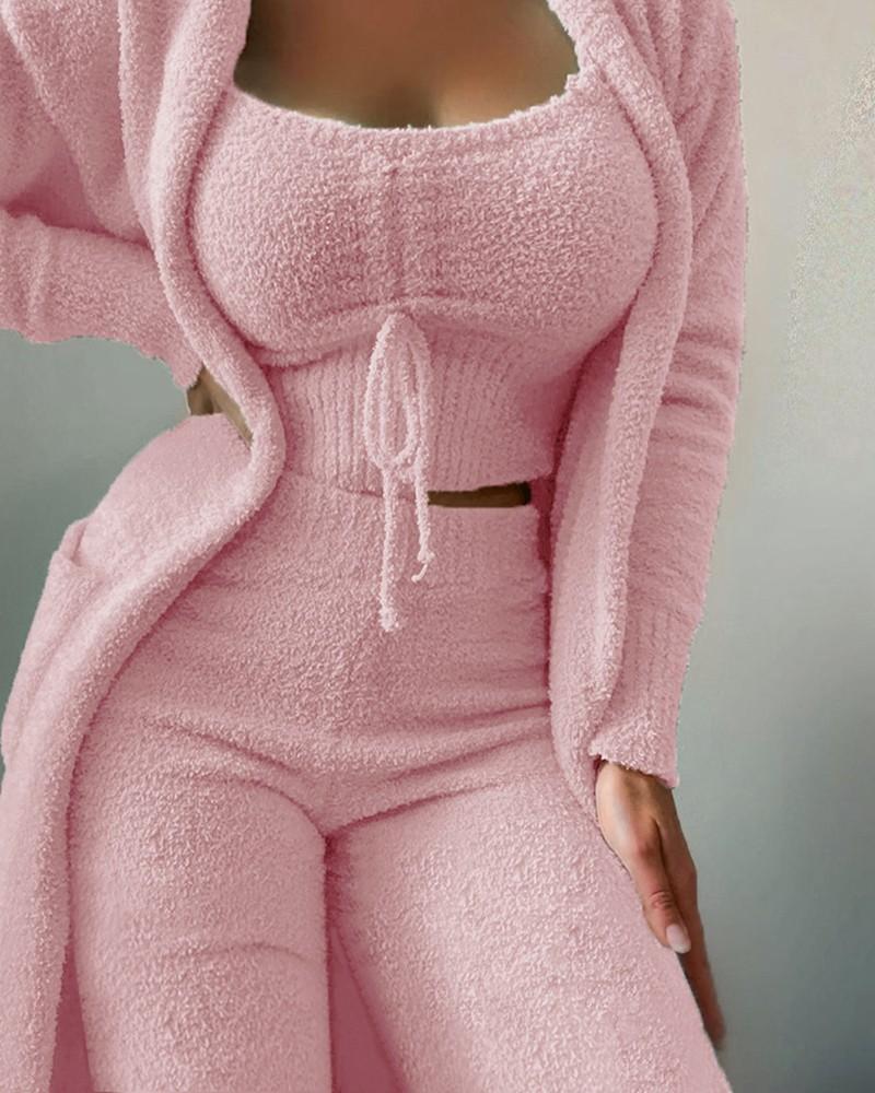 Product Introduction of 2025 Fashionable Women's Plush Three-Piece Lace-up Pajama Set Casual Suit Home Clothing 8