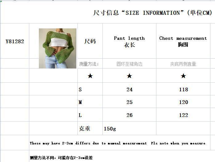 Product Introduction of Women Big Fishnet Long Sleeve Cropped Sweaters Summer Fashion Lady O-Neck Flare Sleeve Hollow Out Short Knitted Pullovers Knitwear Womenswear 0