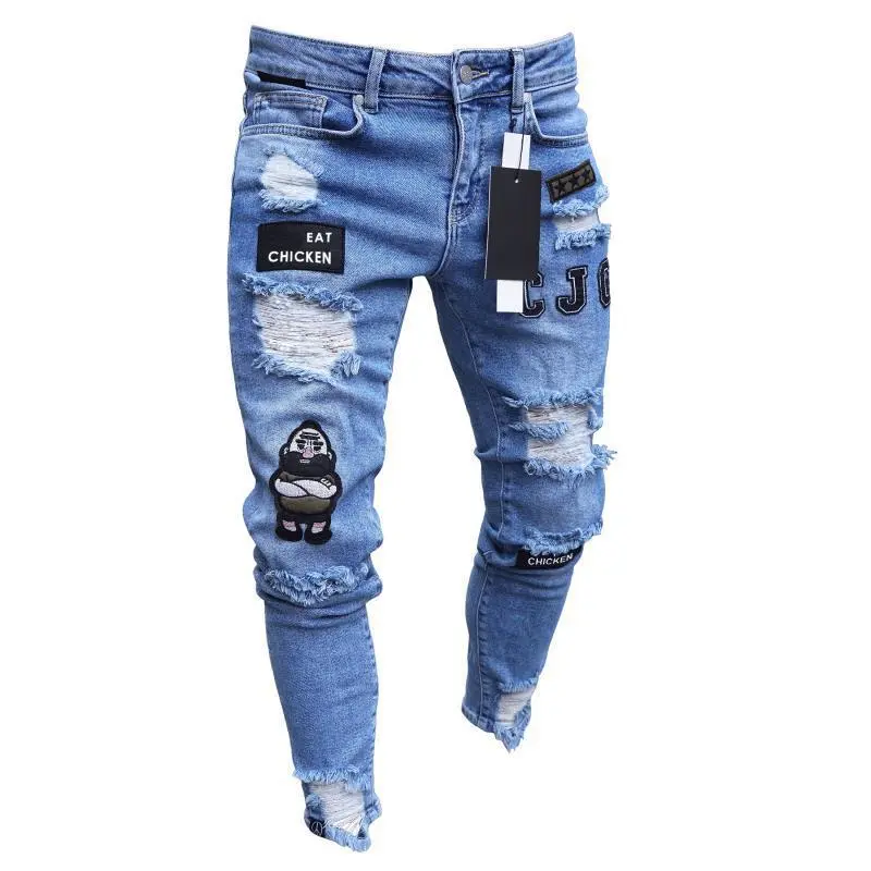 Fashion Men Slim Biker Ripped Long Denim Trousers Skinny Jeans Pocket Young Man's Jogging Pants Destroyed Stretchy Multiple color Pants 2