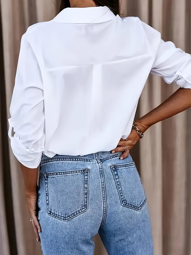 Product Introduction of Solid Button Front Shirt, Casual Turn Down Collar Office Work Shirt, Women's Clothing 26
