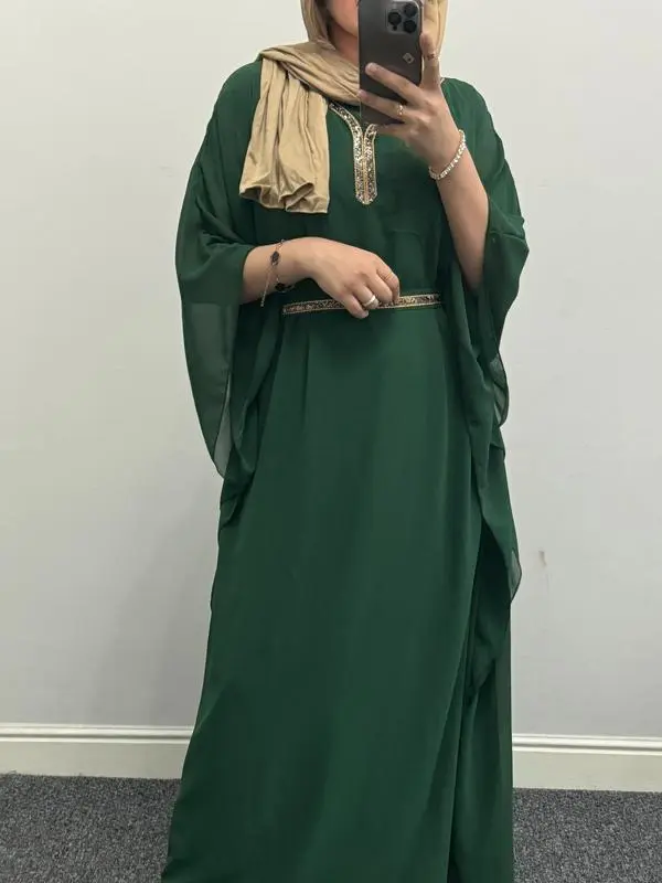 Ladies Girls Muslim Fashion Solid Belt Kaftan Elegant Long Sleeves Abaya 2