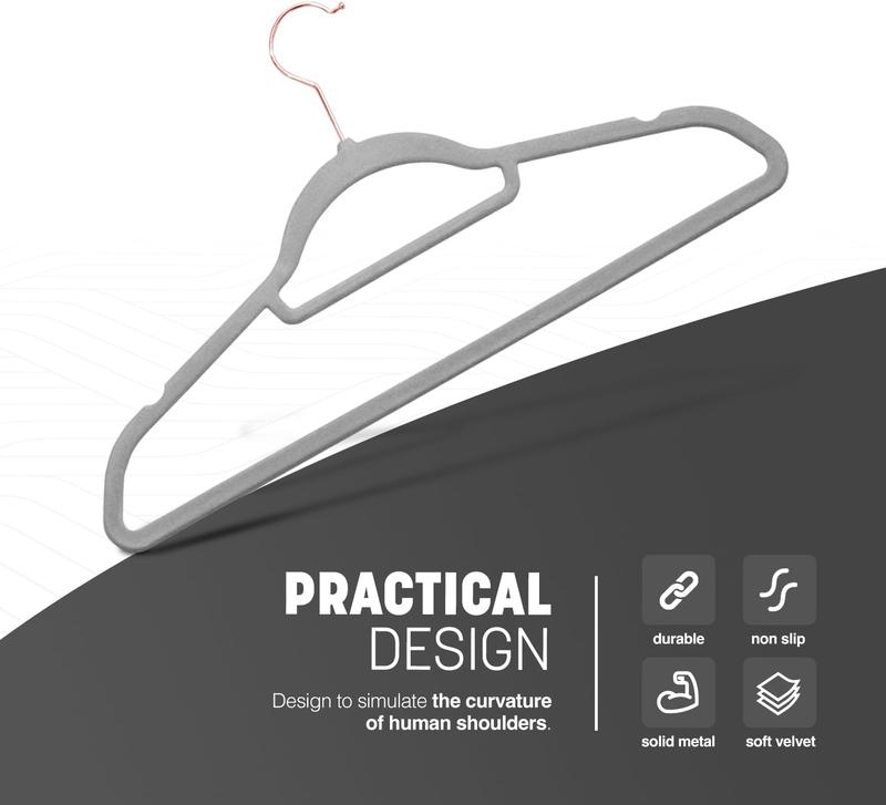 Velvet Hangers 20 Pack - Non-Slip Clothes Hangers with Tie Bar & 360° Hook - Grey - Hanging Organiser Adjustable 6