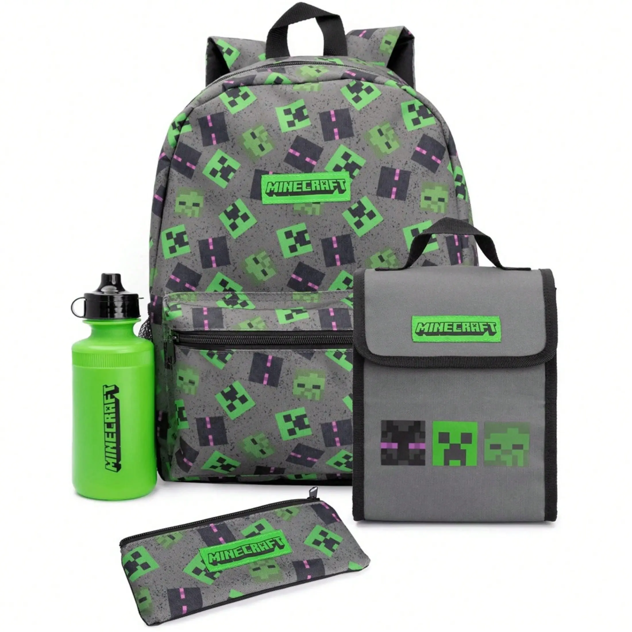 Minecraft Lunch Bag And Backpack Set (Pack Of 4) (Grey/Green/Black)