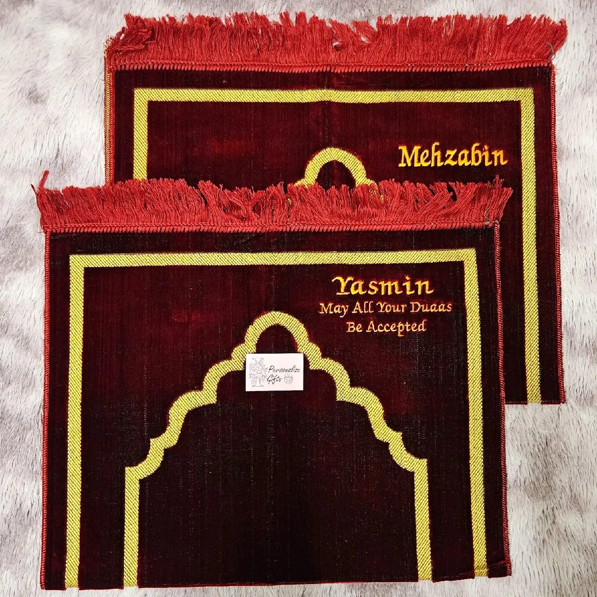 Personalised Velvet Turkish Prayer Mat with Gold Borders Grey Janamaz Salah Rug Maroon Red With Gold Name In Arabic Or English With Or Without Duaa