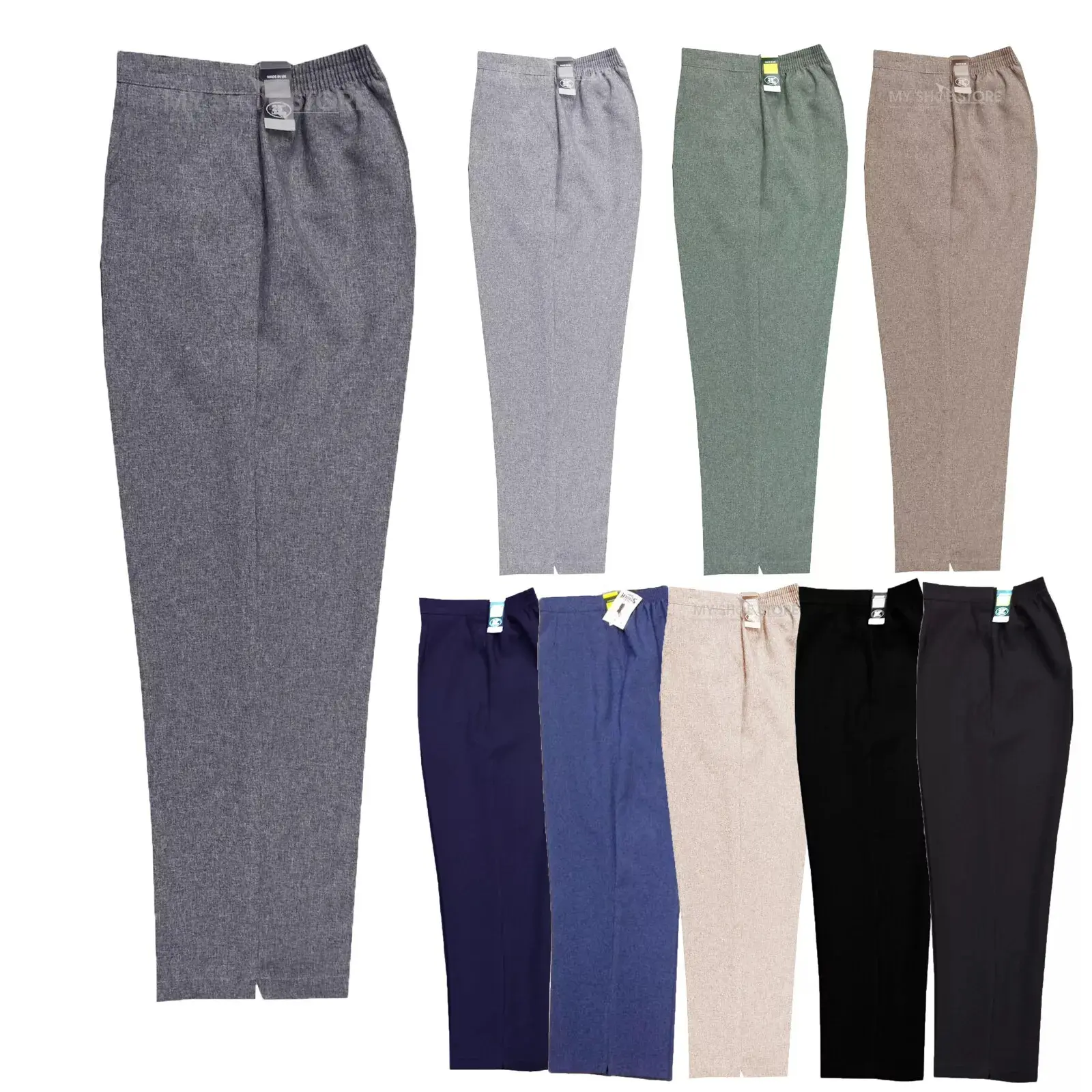 LADIES WOMENS HALF ELASTICATED STRETCH WAIST WORK OFFICE TROUSERS POCKETS PANTS Casual Comfort Fabric Fit Womenswear Bottom Formal Leg Straight