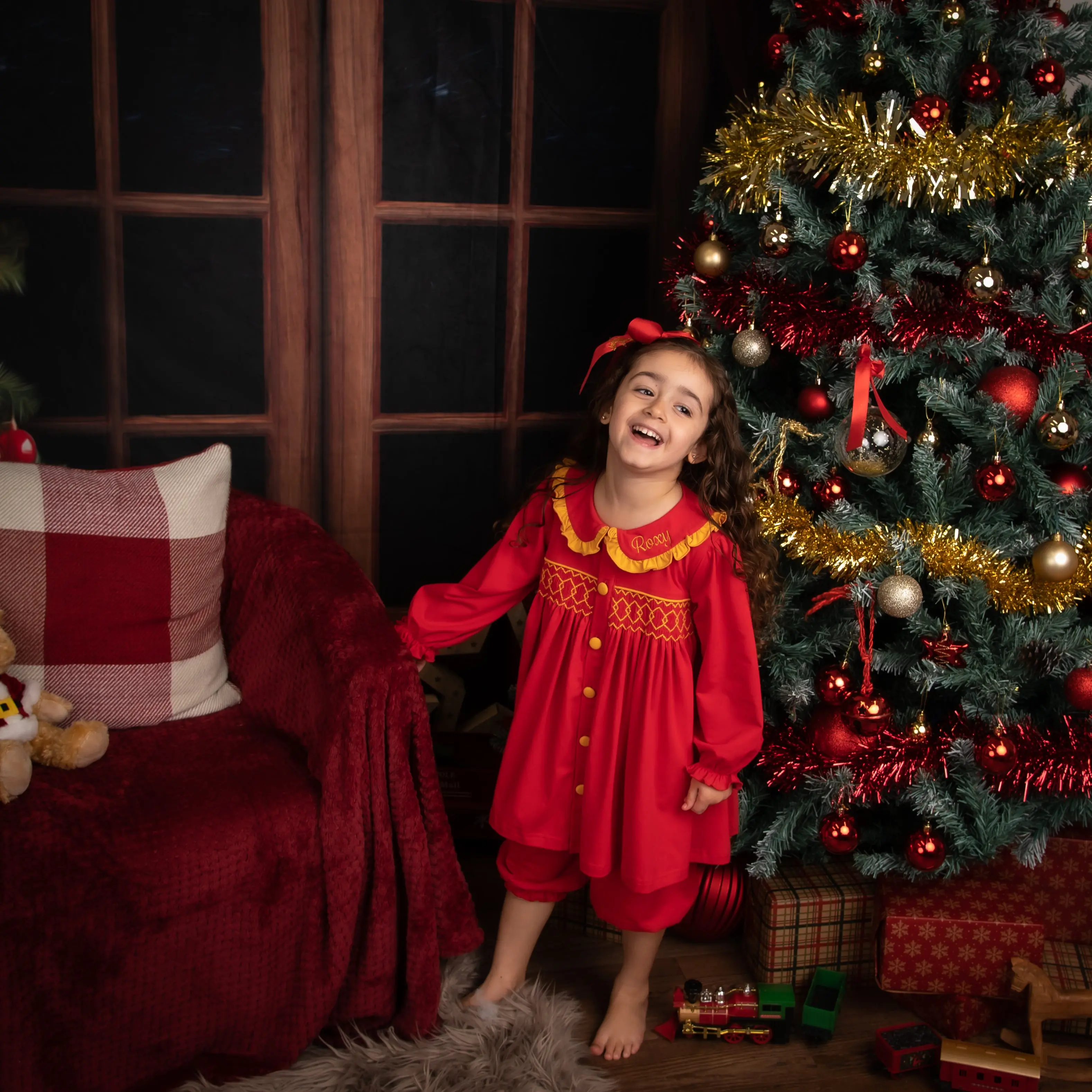 Red & Gold Smocked Girls Pyjama Set