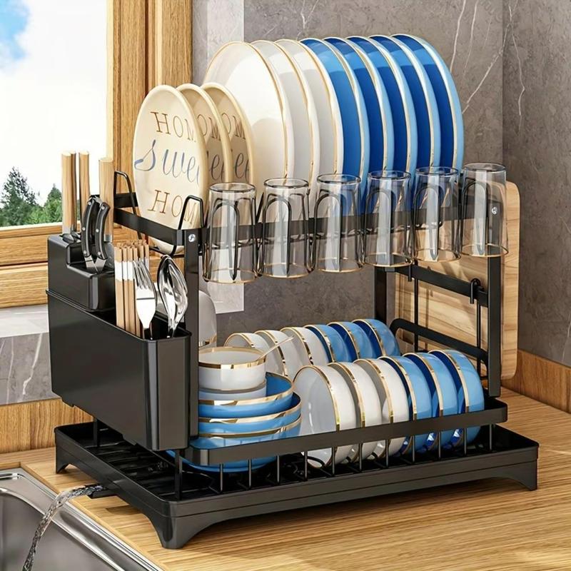 AYSTHETICS Dish Drying Rack,Large Capacity Dish Drainer, Dish Rack With Utensil Organzie,Dish Drainer Rack With Cutting Board Holder,Plus 3 Hooks,Black     storage dishdrainer kitchen dishrack kitchen rack Expandable kitchen Organiser   dish rack Plastic 1