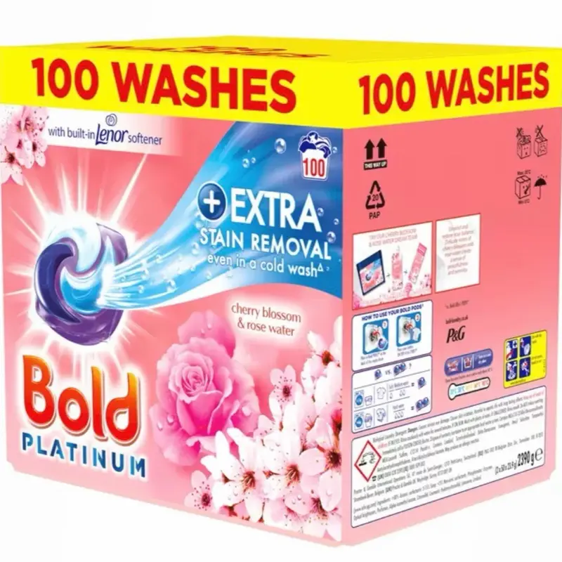 Bold Platinum Pods 100 Washes Laundry Detergent, Cherry Blossom & Rose Water - Extra Stain Removal Household
