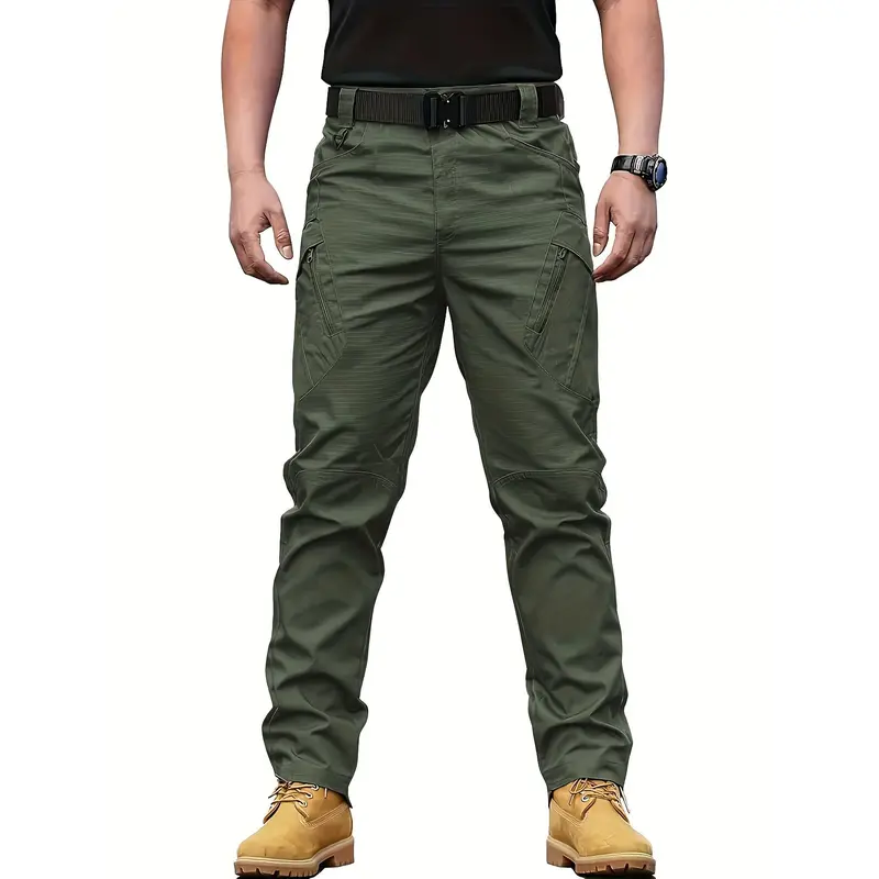 Multi Pocket Men's Tactical Pants, Loose Casual Outdoor Military Pants Without Belt, Mens Cargo Pants For Hiking Menswear Trouser Beige Plain Yellow 7