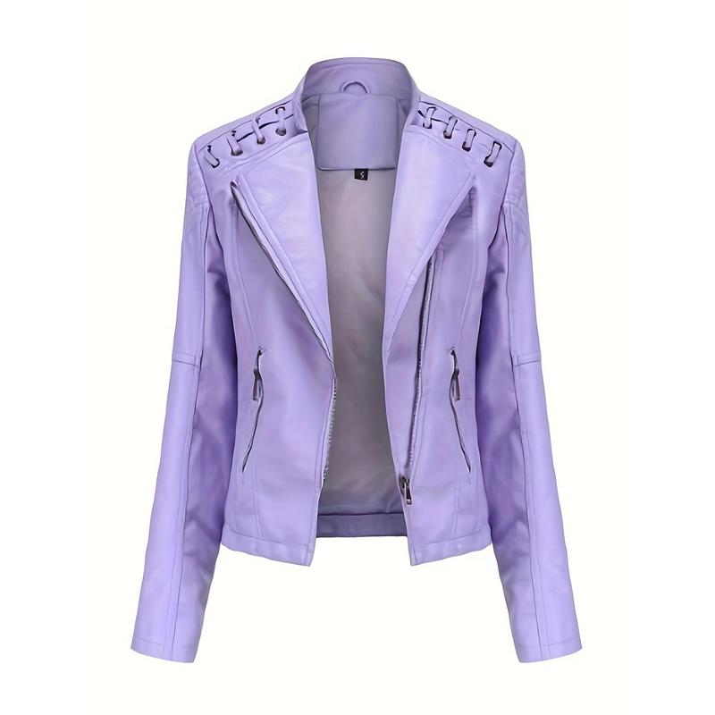 Faux Leather Zip-up Biker Jacket, Casual Long Sleeve Lace Up Lapel Jacket For Spring & Fall, Women's Clothing 4