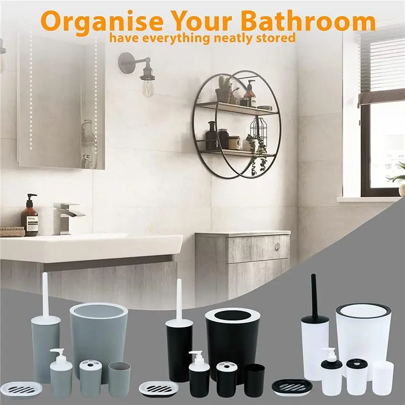 6PCS BATHROOM ACCESSORIES SET BIN SOAP DISPENSER TOOTHBRUSH TUMBLER TOILET BRUSH 6