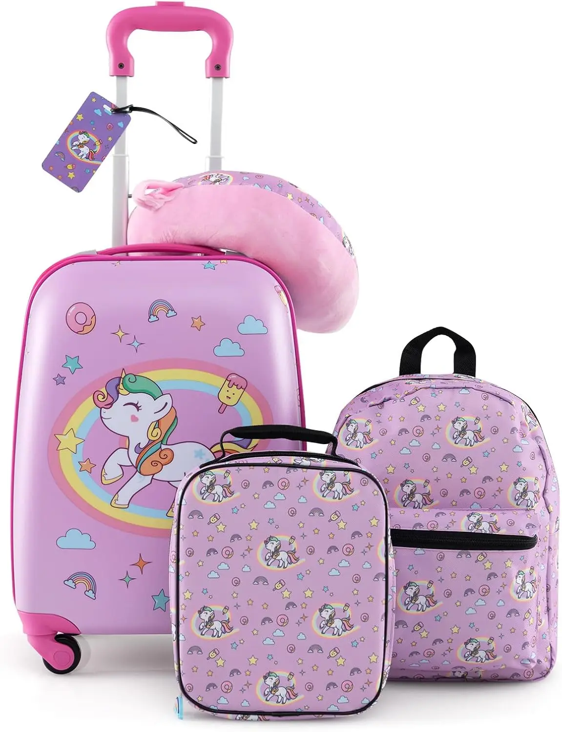 COSTWAY - Pcs Kids Luggage Set, 13" Backpack & 16" Children Hardshell Suitcase with Wheels, Neck Pillow, Insulated Lunch Bag & Name Tag, Toddler Carry On Luggage Set for Travel School