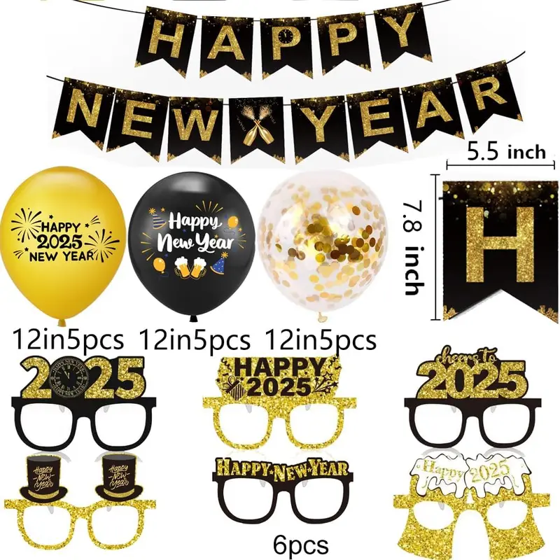 Happy New Year 2025 Party Decorations - Banner, Glasses, Latex Balloons, and Foil Swirl Streamers 2