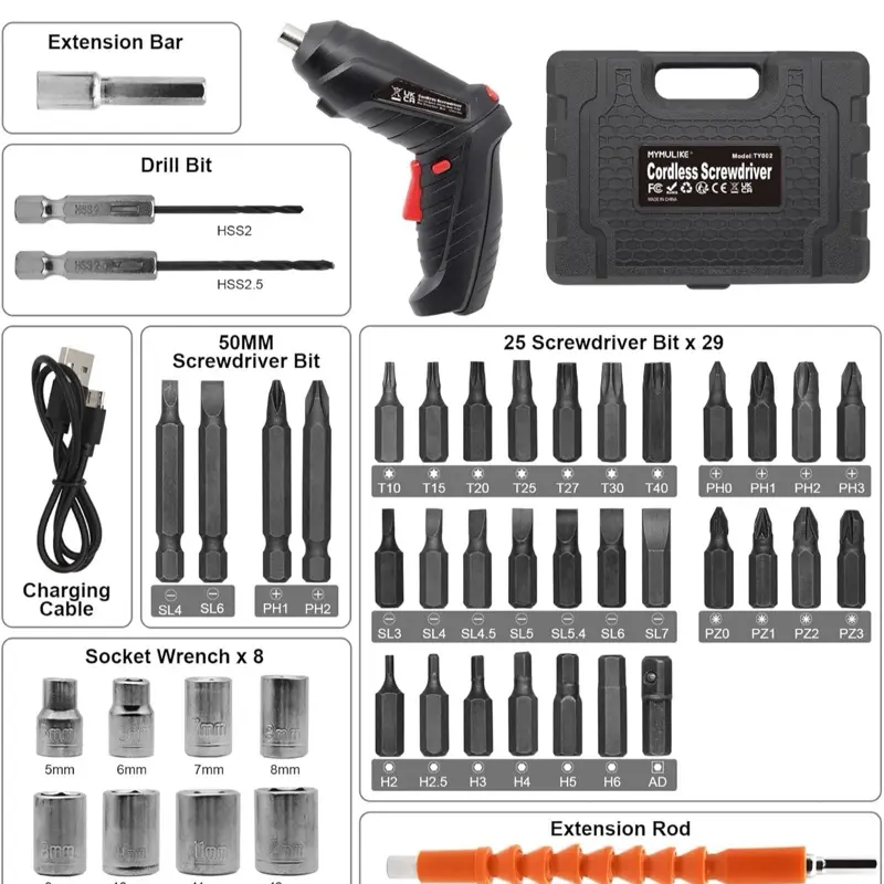 Electric Drill Screwdriver, 47 in 1 Portable Cordless Screwdriver Set Rotated 90 Degrees Electric Screwdrivers Cordless Handle with Led Worklight and Charger for Home Office DIY Tools 5