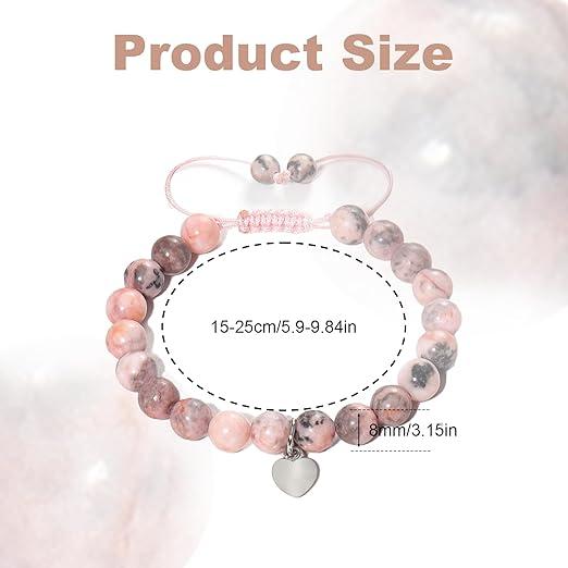Anxiety Bracelet, Natural Stone Healing Bracelet Ajustable Drawstring Gemstone Beads Bracelet Pink Zebra Bracelet with Heart Charm Message Card for Women Teen Girls Christmas Birthday Gifts 5