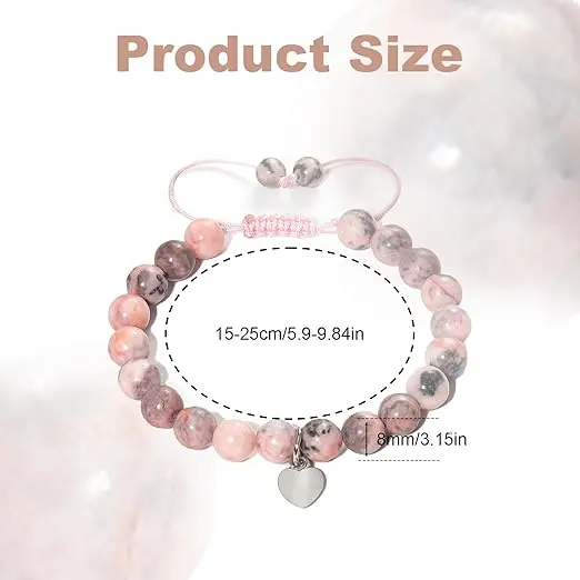 Anxiety Bracelet, Natural Stone Healing Bracelet Ajustable Drawstring Gemstone Beads Bracelet Pink Zebra Bracelet with Heart Charm Message Card for Women Teen Girls Christmas Birthday Gifts 5