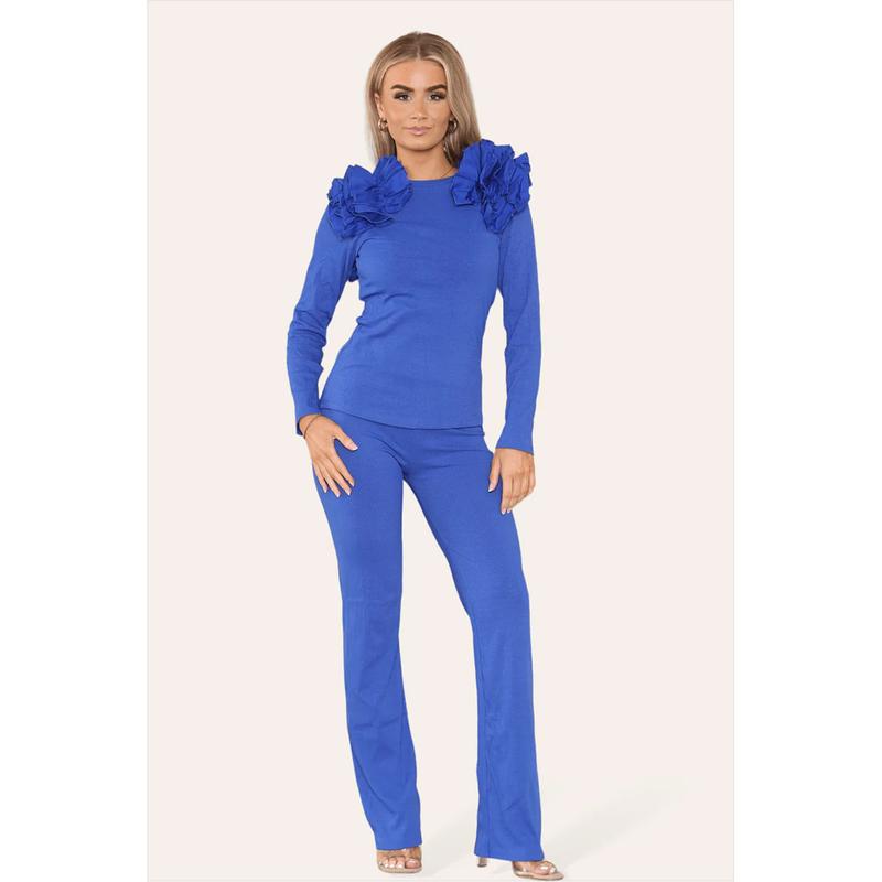 Ruffle Frill Shoulder Ribbed Loungewear Co-Ord Top & Trouser Set Womenswear Bottom Comfortable Cute 5