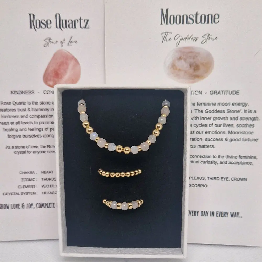 Gold-filled, rose quartz,  moonstone bracelet and ring set