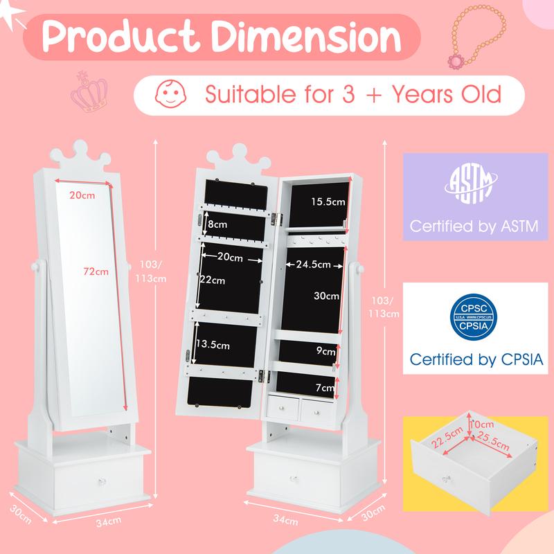 COSTWAY Kids Jewelry Cabinet Armoire with Full Length Mirror and 3 Storage Drawers 2