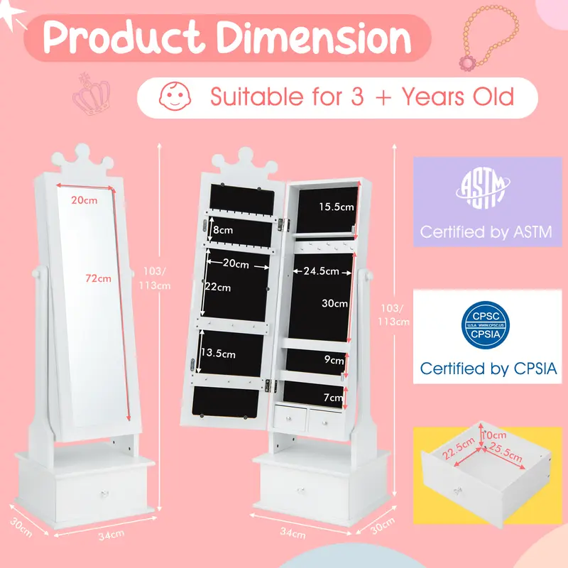 COSTWAY Kids Jewelry Cabinet Armoire with Full Length Mirror and 3 Storage Drawers 2