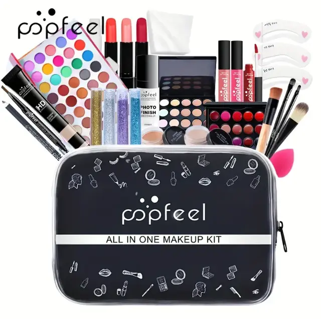 POPFEEL All in One Makeup Kit - Mixed Color System Paste Form, Multi-Piece Cosmetic Set with Eyeshadow, Lip Colors, Blush, Brushes & More, Complete Beauty Bundle with Storage Bag Compact Handy