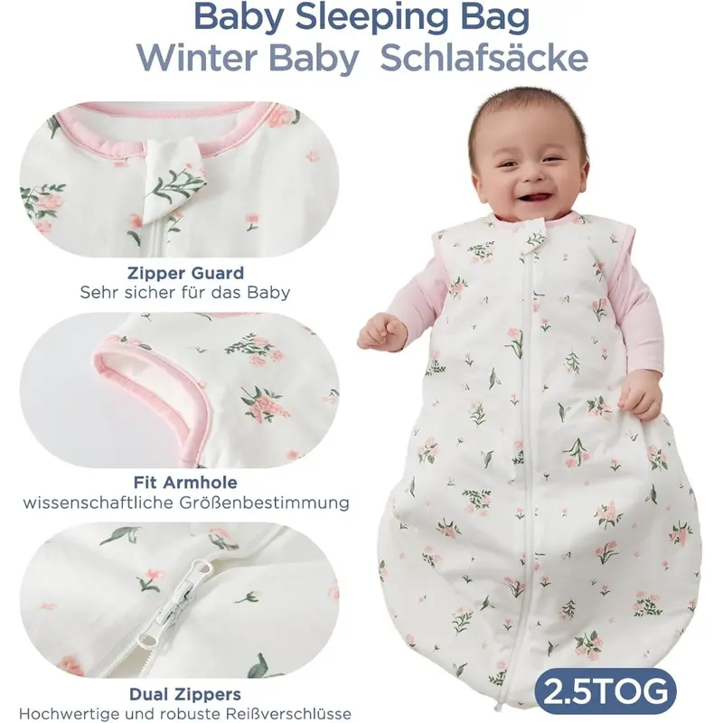 Baby Sleeping Bag Winter 2.5 Tog Sleeping Bag 18-36 months 100% Cotton Baby Wearable Blanket for Newborn, Flower 1