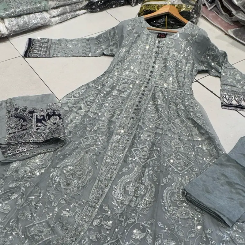 Silver/Grey JASMIN Long dress suit 3 piece Pakistani embroidered chiffon duppatta wedding edt S-XL Womenswear 6