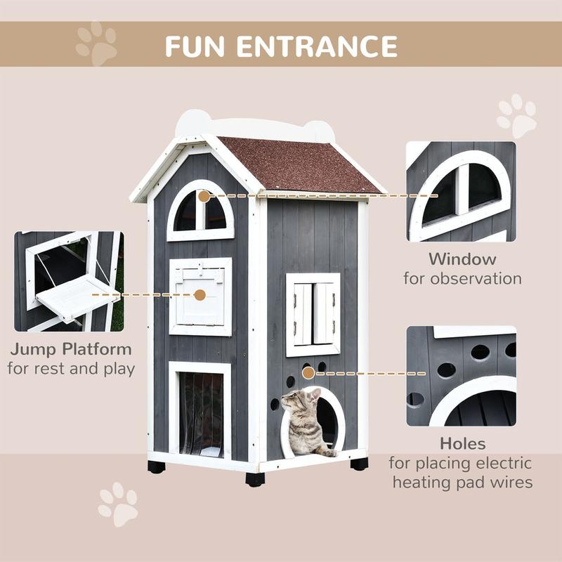 Solid Wood Cat Condo Furniture 2-Floor Pet Shelter, Grey and White, 109H Cm 3