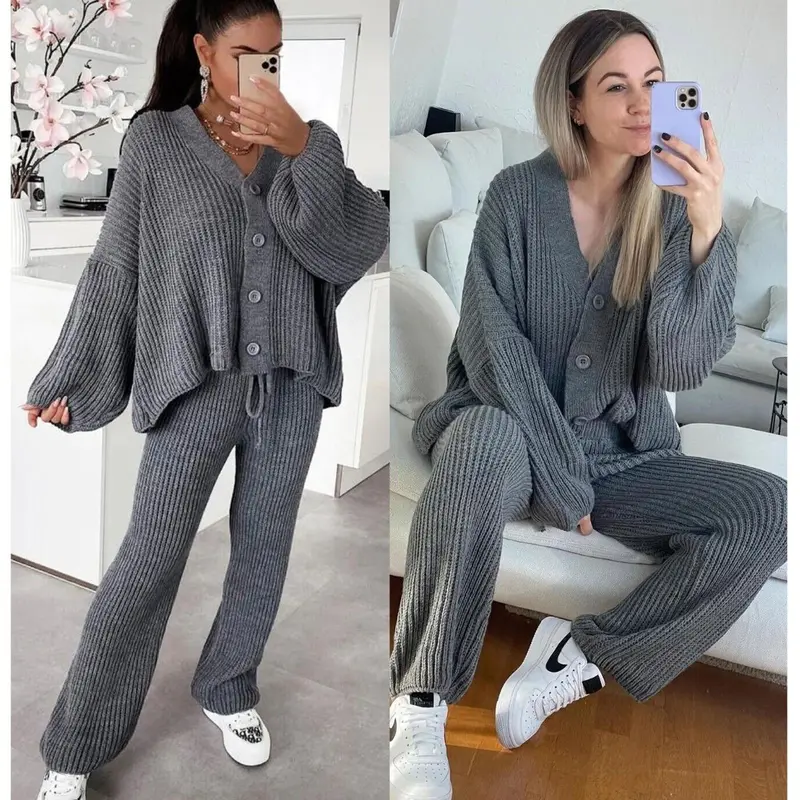 Two Pcs Cardigan & Trouser Set Plain Casual Warm V-Neck Button Winter Cardi Bottom Knitwear Co-Ord Sets Casual Lounge Wear Black 2