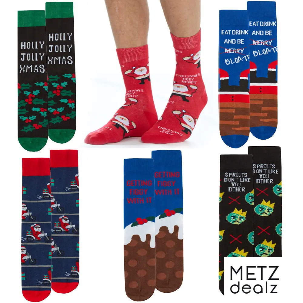 1 Pair Mens Christmas Socks Cotton Rich Socks Breathable Lightweight Festive Socks Size 6-11 UK Xmas Design Santa Claus Xmas Pudding Funny Socks Stocking Filler UK