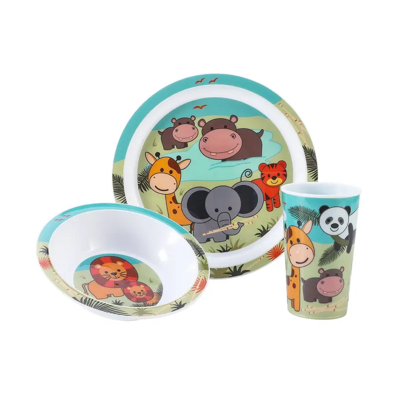 Animal 3Pcs Coloured Dining Set - Plate, Bowl and Tumbler Dinnerware Set for Children, BPA Free 0