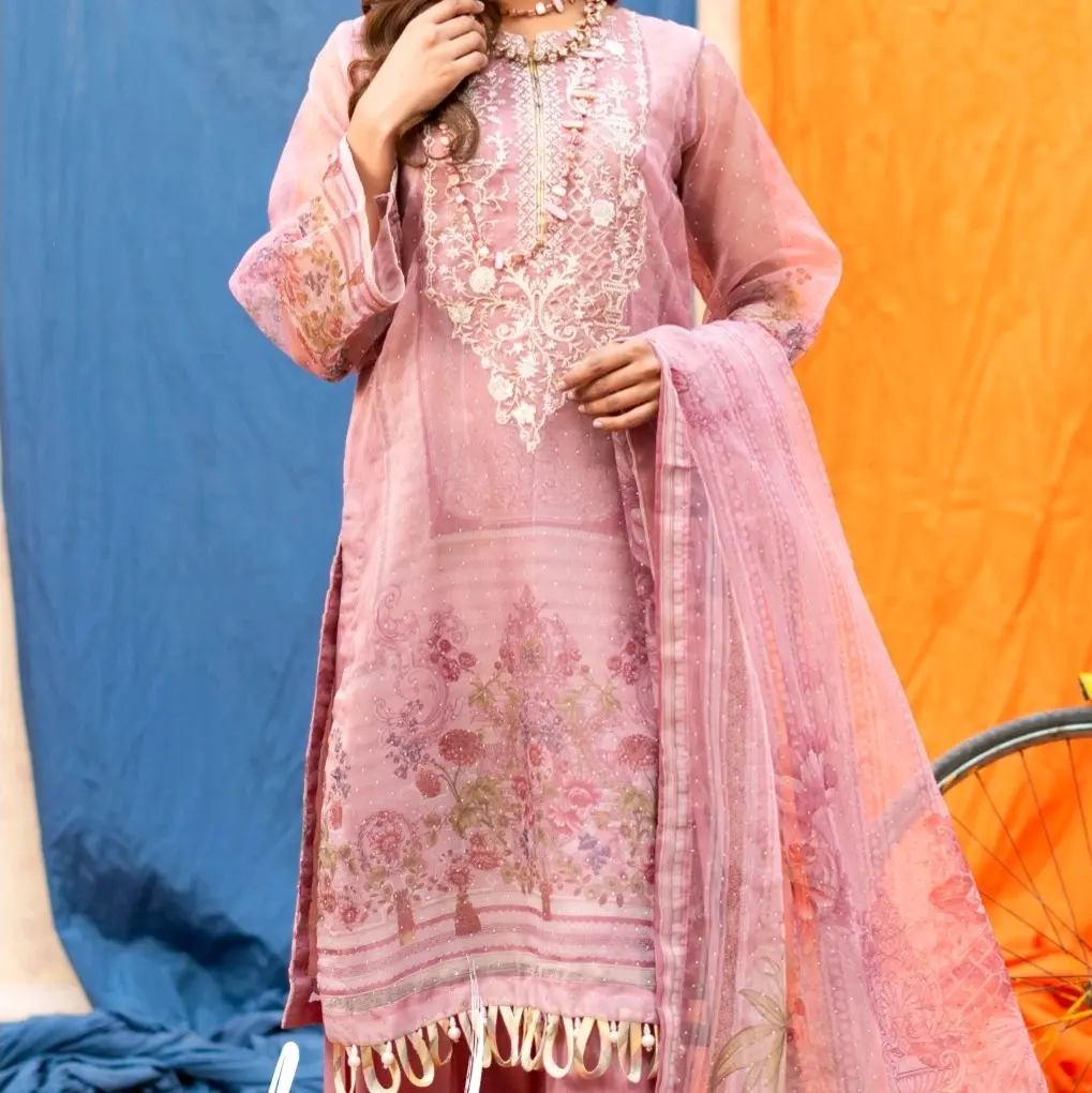 Wania by Raniya Stunning Pink 3 Piece Diamond Print Organza with Embroidery Detail and Embellishments. Diamond Print Organza Dupatta and Plaazo Trousers and Fully Lined Sleeves. Pakistani Fashion Eid Party Wear Asian Clothes