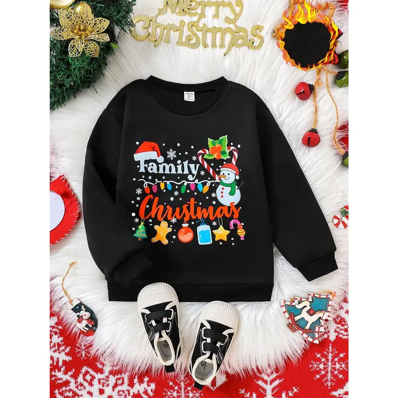 1pc Black Young Girl Thick Fleece Crew Neck Long Sleeve Sweatshirt With Snowman & Santa Hat Christmas Pattern, Suitable For Daily Wear, Parent-Child Activities And Christmas Party In Autumn & Winter 2