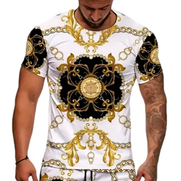 Luxury Pattern Print, Men's Graphic Design Crew Neck Novel T-shirt, Casual Comfy Tees Tshirts For Summer, Men's Clothing Tops For Daily Hiphop Style Menswear