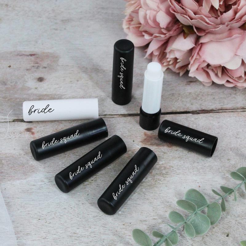 GiftsinaJiffy Black Bride Squad Lip Balms, White Bride Lip Balm, Black Hen Party Theme, Vanilla Flavour, Goody Bag Favour for Hen Do, Hen Party Bag Filler Compact Gentle Skincare Comfort 1