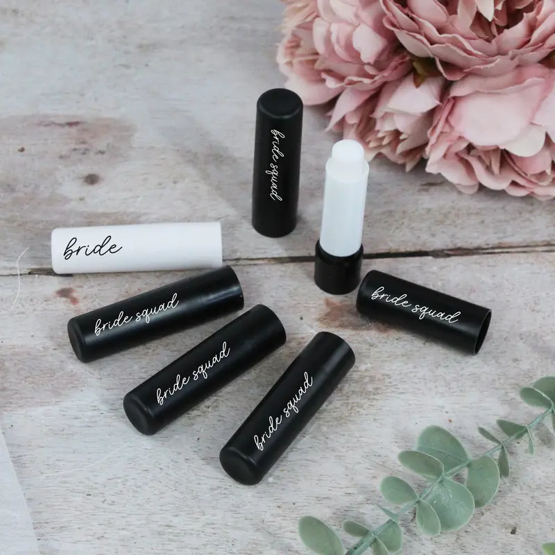GiftsinaJiffy Black Bride Squad Lip Balms, White Bride Lip Balm, Black Hen Party Theme, Vanilla Flavour, Goody Bag Favour for Hen Do, Hen Party Bag Filler Compact Gentle Skincare Comfort 1